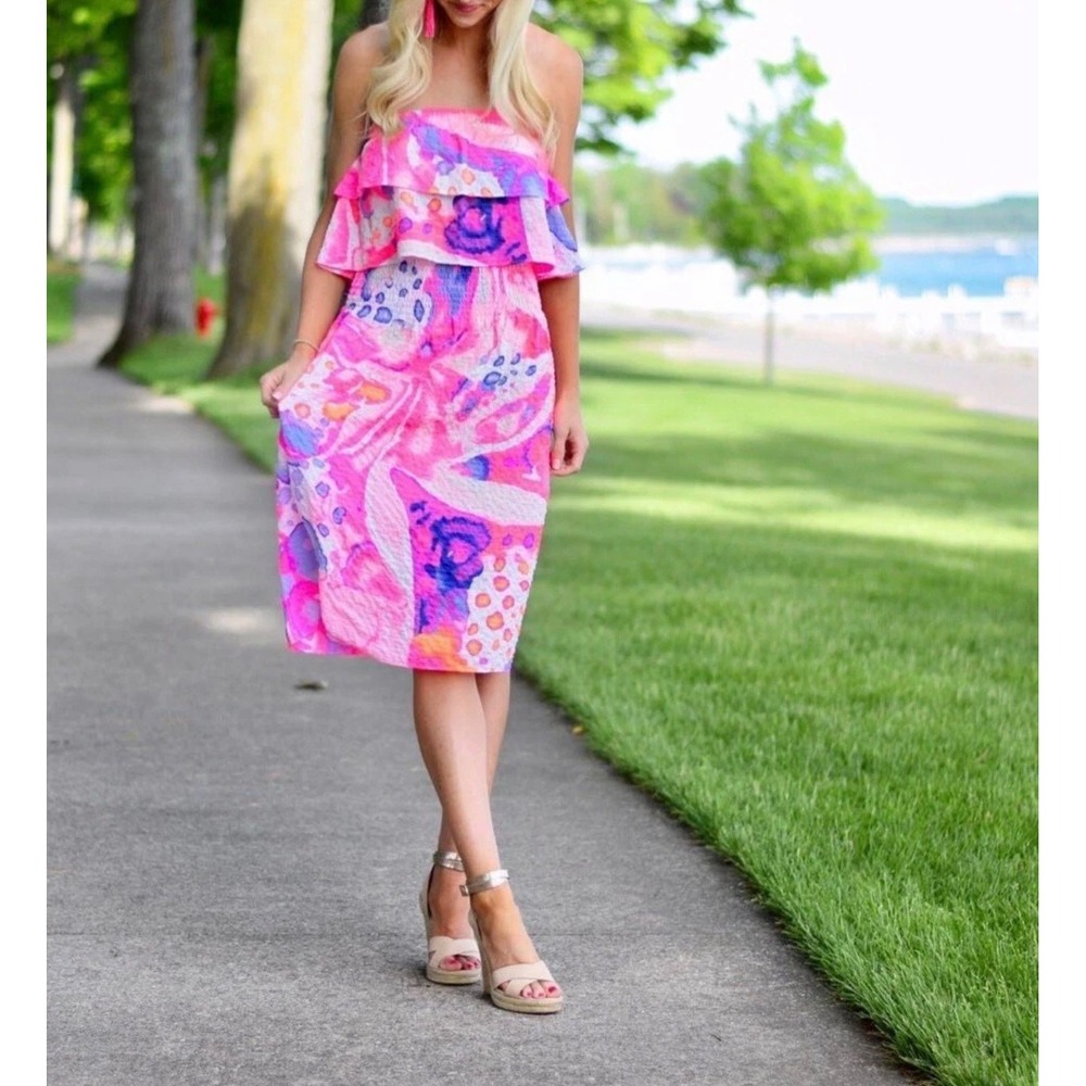 Lilly Pulitzer Pink Purple Abstract Ruffle Tube Top & Smocked Skirt Set L
